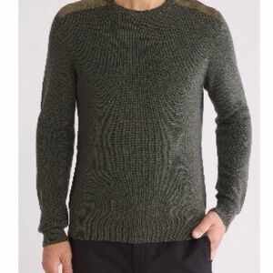 Bruno Magli Olive Crewneck Knit Sweater with Brown Shoulder Detail